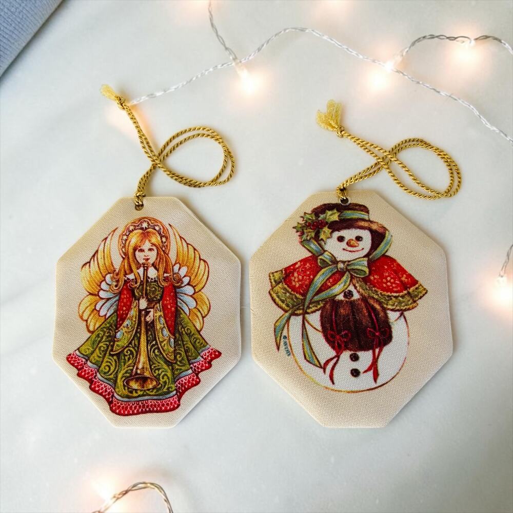 VINTAGE 1980s Angel & Snowman Two AVON Cloth Christmas Tree Xmas Ornaments